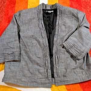 CJ Banks Gray Open Front Blazer, Black Satin Lining 1X Plus Size 3/4 Sleeves